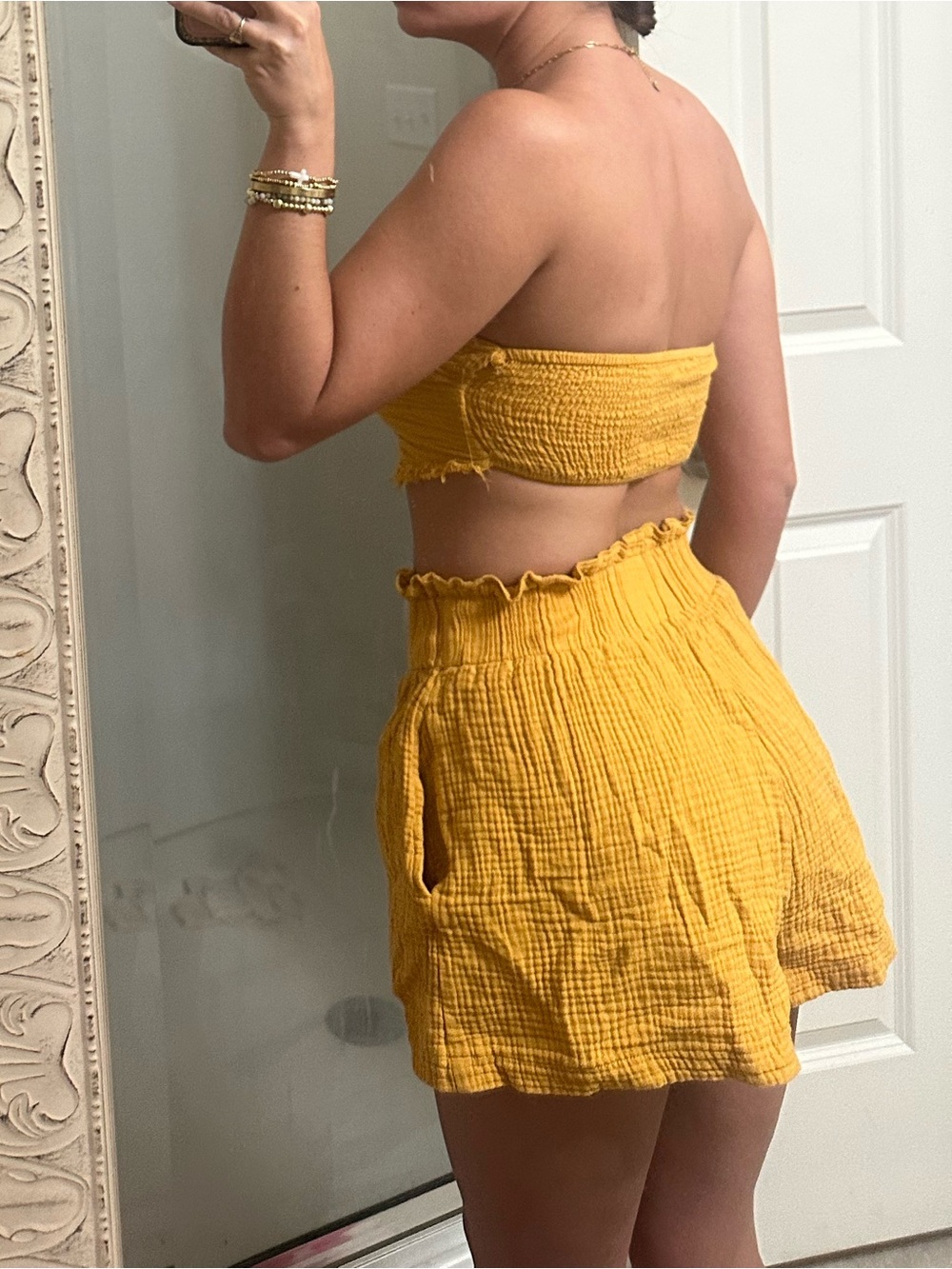 Papermoon Mustard Yellow High-Waist Smocked Shorts - Picture 3 of 4